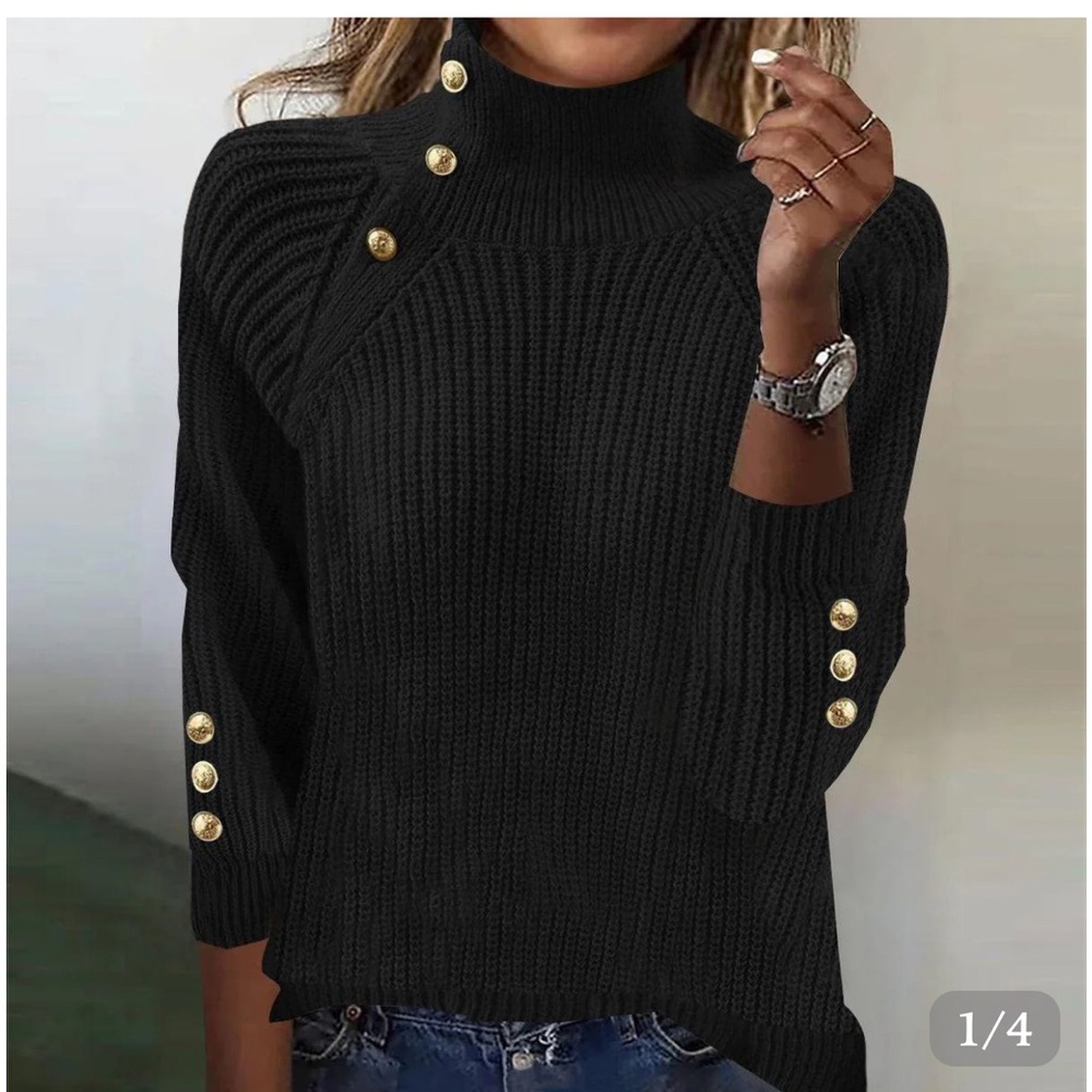 Black Solid High Neck Long Sleeve Sweater Gold Button Accents SMALL